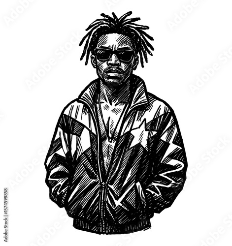 Illustration of a Black man with dreadlocks wearing sunglasses and a jacket