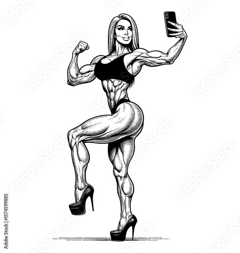Fitness Blonde Woman Taking Selfie While Flexing Muscles in Black and White Graphic Style