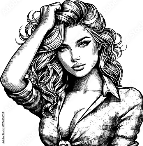Attractive Woman with Wavy Hair Posing with Hand in Hair in Detailed Black and White Drawing