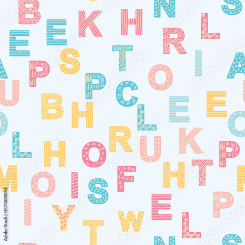 ABC seamless pattern in simple cartoon style. Cute alphabet print - hand drawn childish seamless pattern design. Digital paper.