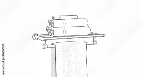 Mounted towel rack with folded towels line art hand drawing in plain white background