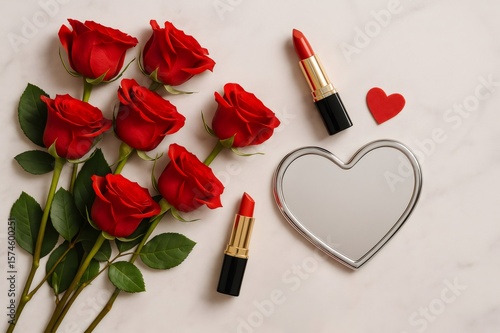 Bouquet of red roses, two lipsticks and heart shaped mirror are lying on a white marble table, creating a romantic atmosphere