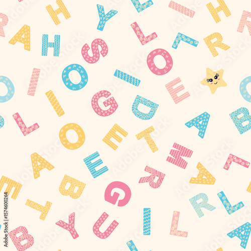ABC seamless pattern in simple cartoon style. Cute alphabet print - hand drawn childish seamless pattern design. Digital paper.