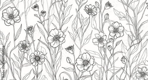 Wallpapered wall with floral pattern line art hand drawing in plain white background