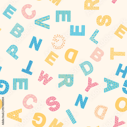 ABC seamless pattern in simple cartoon style. Cute alphabet print - hand drawn childish seamless pattern design. Digital paper.