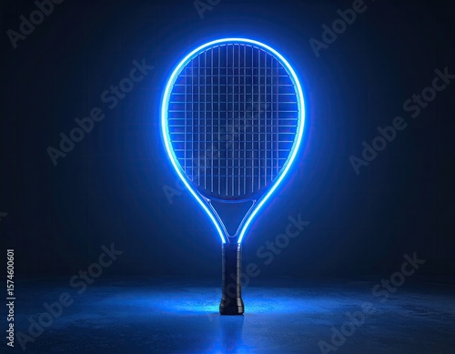 Glowing tennis racket on dark background