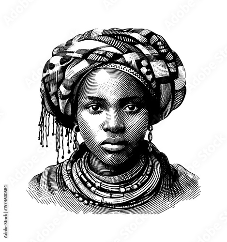 African woman in traditional headdress with ornate necklace in black and white engraving style