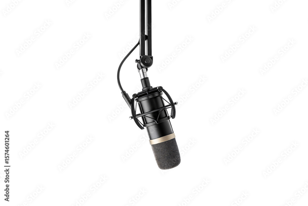 Fototapeta premium Close-up studio condenser microphone with shock mount and XLR cable on boom arm, isolated on a transparent background