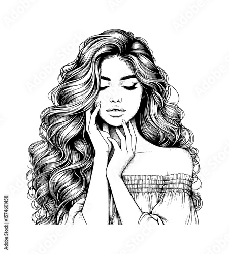 Dreamy Woman with Wavy Hair and Closed Eyes Holding Face in Black and White Illustration