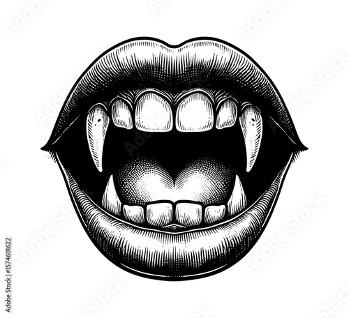 Engraving Style Image of Open Mouth with Fangs and Teeth with Black and White