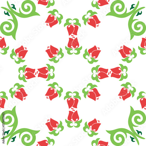 Floral pattern Tatar Native Ornamental border with tulips. Culture of the Tatar people, symbols of green and red.