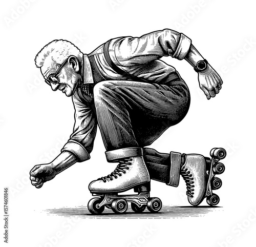 Engraved Illustration of Senior Man Roller Skating in a Crouched Position With Black and White