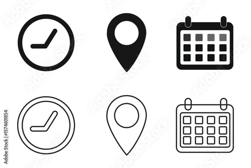 Calendar, Time, Location, icon set. White Background .Location, Calendar, pin , clock icon set. Address, time, date symbols vector. Event icon set . vector art