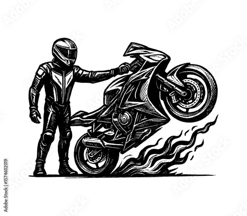 Motorcyclist in leather suit with sportbike doing a wheelie, detailed black and white line art