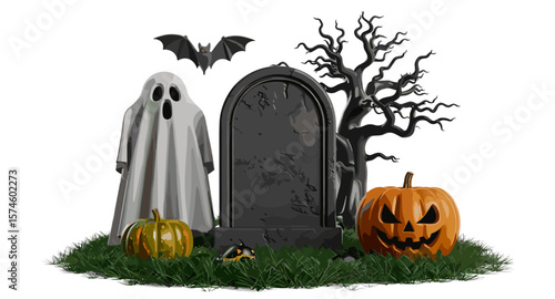 A halloween scene with a ghost, pumpkins, tombstone, bat, and spooky tree on grass