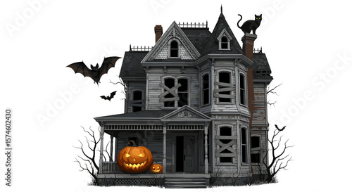 Illustration of a spooky haunted house with pumpkins, bats, and a black cat on top