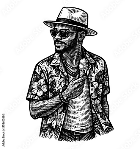 Engraved Illustration of Black Man with Hat, Sunglasses and Hawaiian Shirt Holding Ice Cream