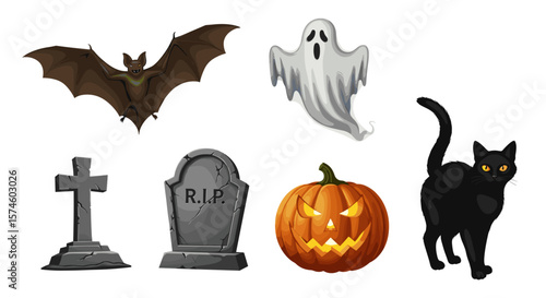 A halloween themed arrangement featuring a bat, ghost, cat, pumpkin and tombstones