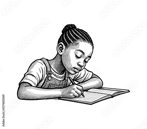 African American Girl Writing in a Notebook with Detailed Black and White Cross Hatching Engraving