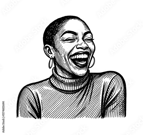 African American Woman Laughing Out Loud with Joy in Black and White Line Art