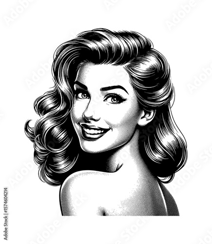 Beautiful smiling Caucasian woman portrait in retro pinup style vector illustration