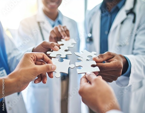 Doctors assembling puzzle pieces