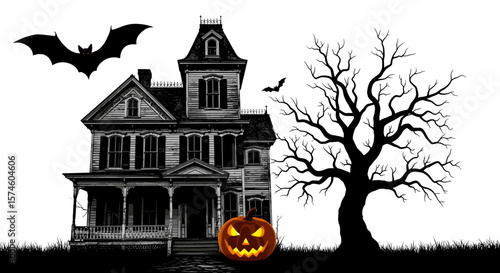 A spooky halloween scene featuring a haunted house, bats, and a jack o lantern