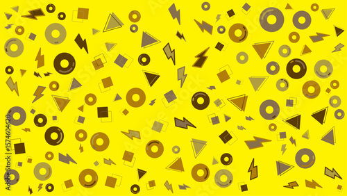 Yellow background shows scattered circles squares triangles and lightning bolts. Vector illustration for presentation, creative project, and poster.