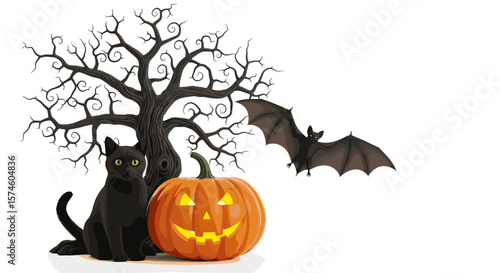 Halloween scene with black cat pumpkin bat and spooky tree against white background