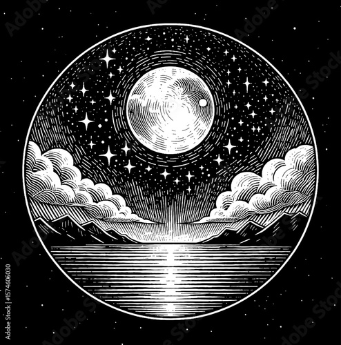 Engraved illustration of full moon over the mountains and sea with starry sky in black and white