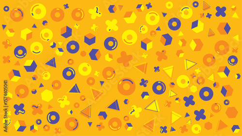 Yellow background with colorful geometric shapes. Vector illustration for presentation, creative project, and poster.