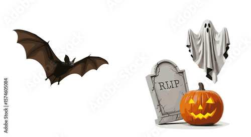 A halloween display featuring a bat, a ghost, a tombstone, and a jack o lantern