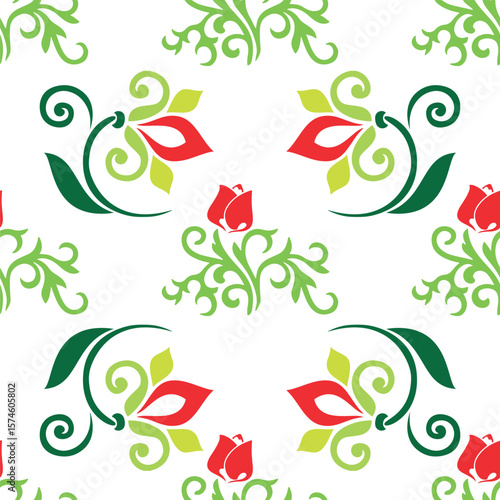 Islamic tulip, floral geometry. Tatar seamless pattern. Culture of the Tatar people, symbols of green and red