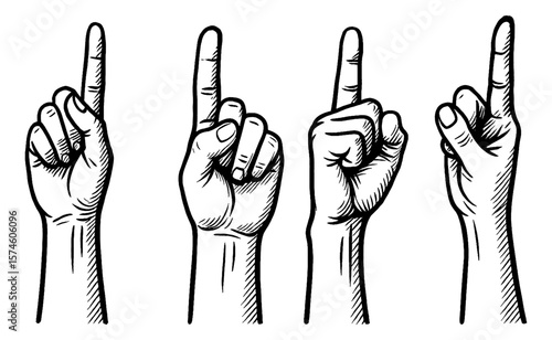 Four hands with index fingers pointing up in black and white line art illustration