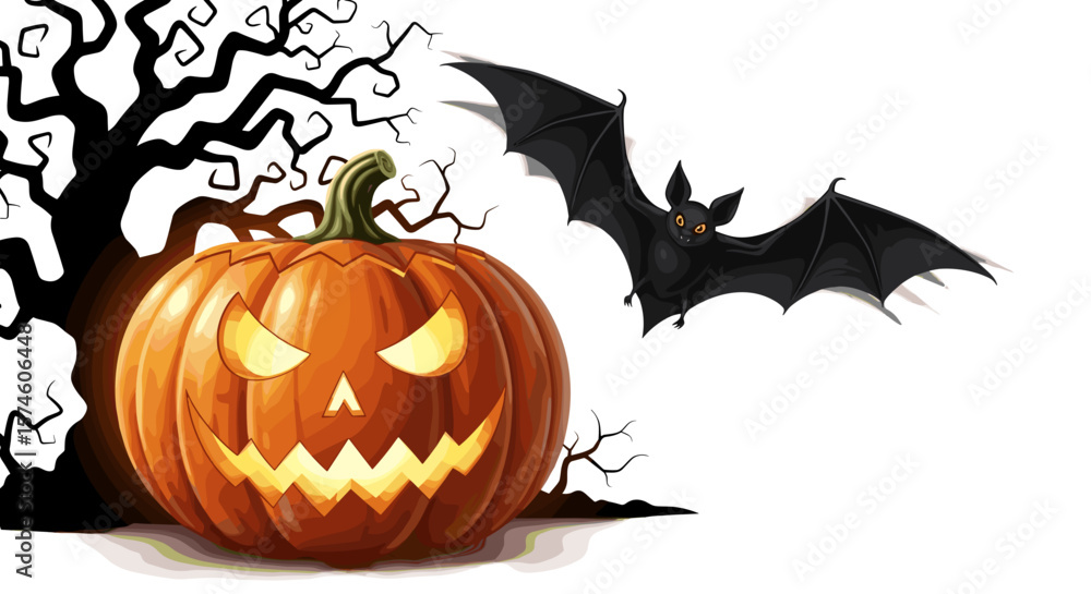 A spooky halloween scene featuring a jack o lantern bat and a gnarled old tree A spooky halloween scene featuring a jack o lantern bat and a gnarled old tree