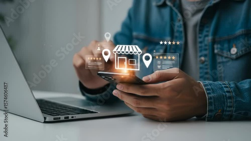 Local Business Management: A person engages with a smartphone to enhance online reputation, tracking holographic customer reviews and map locations for a thriving digital presence & improved customer