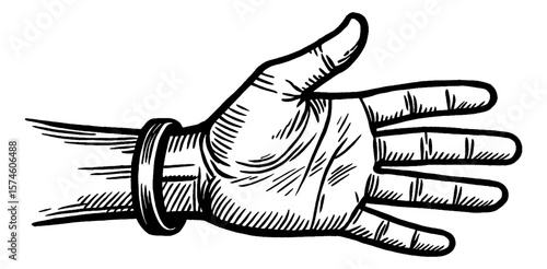 Open Hand with a Ring in a Detailed Engraving Style Illustration Showing Palm and Fingers