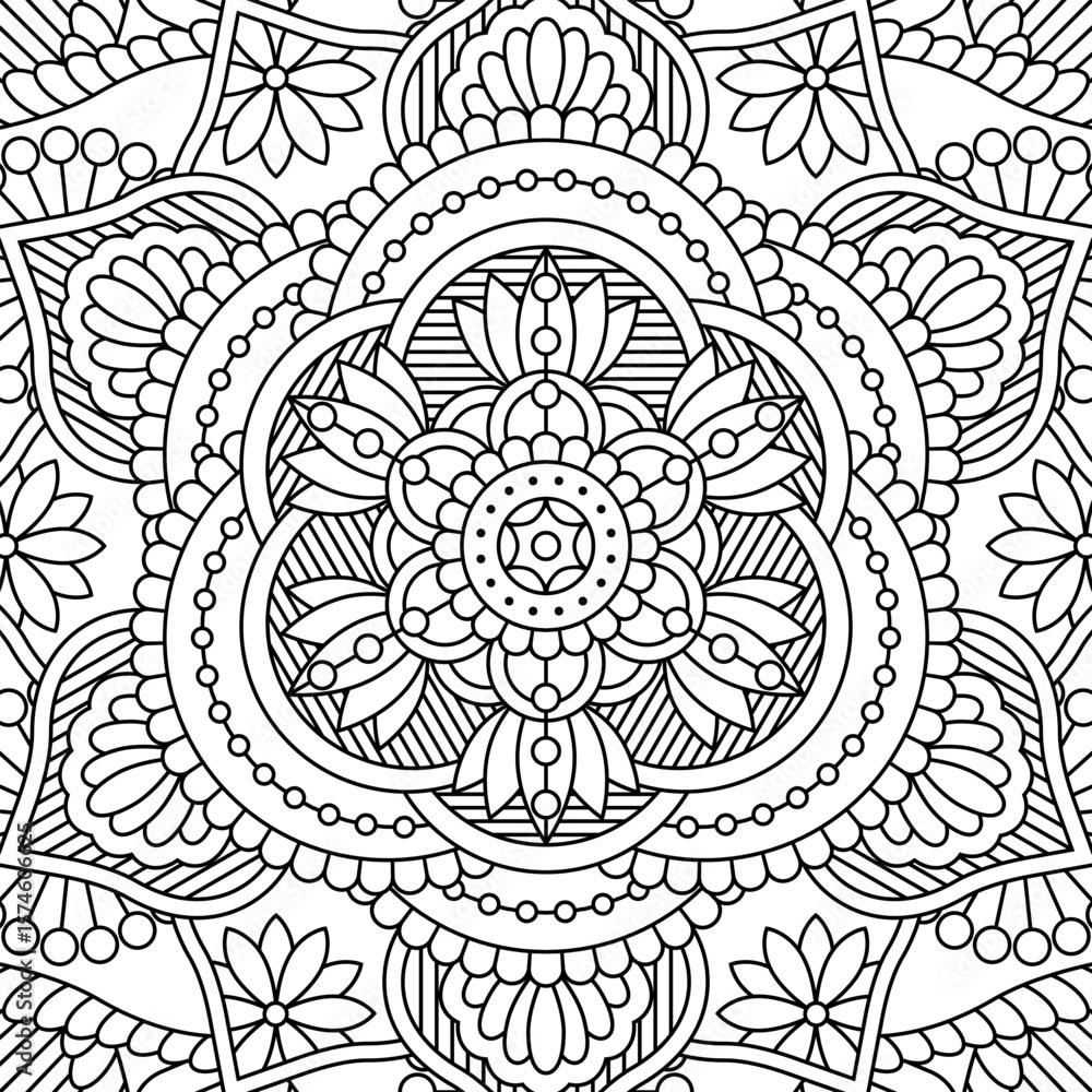 Fototapeta premium Vector mandala background. Line square design for coloring book, pillow, fashion print, scrapbooking, utensils, engraving. Monochrome pattern 