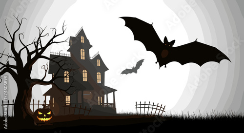 A spooky halloween scene featuring a haunted house bats and a glowing pumpkin