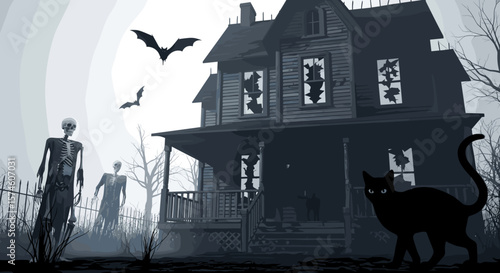 A spooky haunted house with skeletons, bats, and a black cat in a dark setting