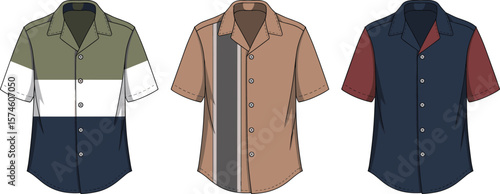 Set of Three Retro Bowling Shirts CAD Drawing Flat Vector Illustration with Color Block Panels for Fashion Design