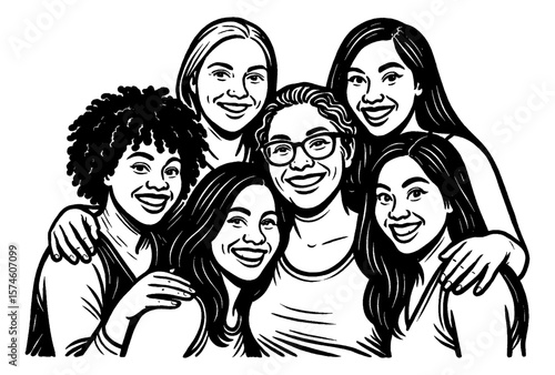 Diverse Group of Women Smiling and Embracing in a Black and White Line Art Illustration
