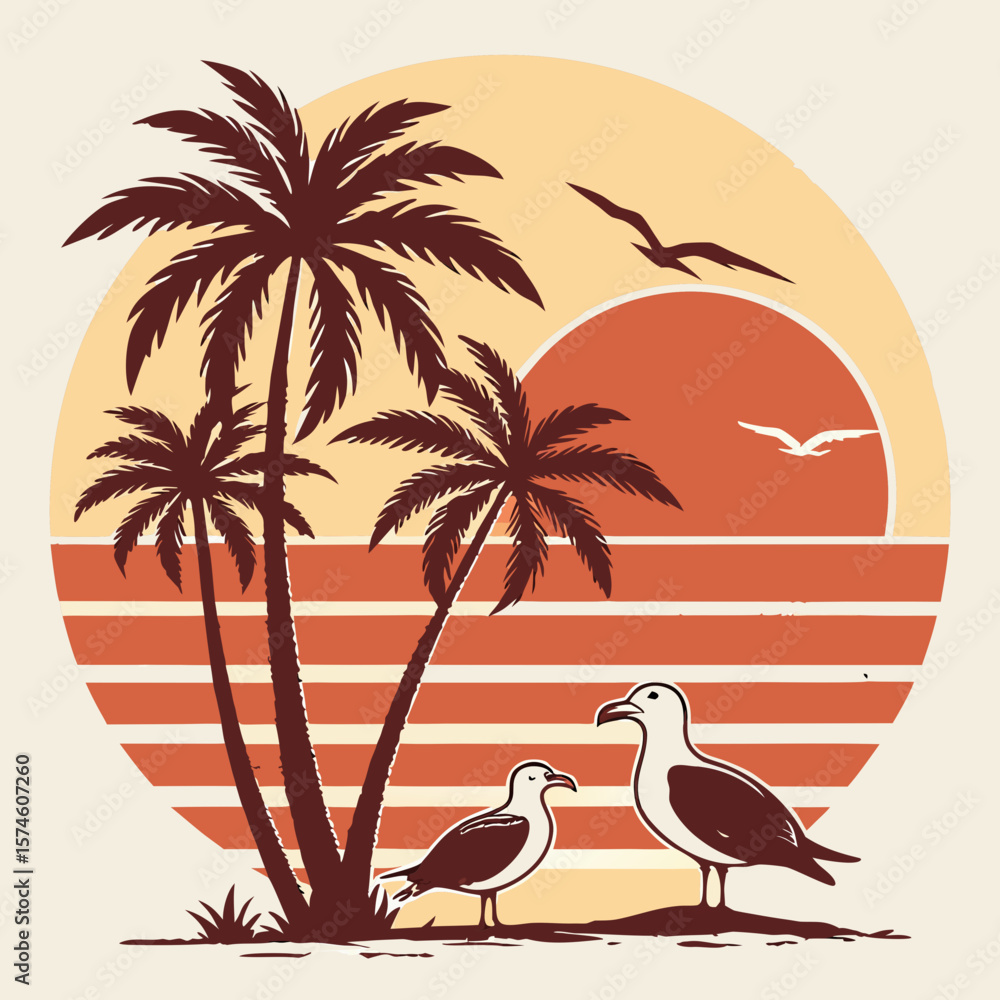Naklejka premium Vintage sunset graphic. Sunset in 80s or 90s style. Geometric style. Palm trees and seagulls on background of circle. Retro sunset in vintage style. Flat vector illustration in grunge style