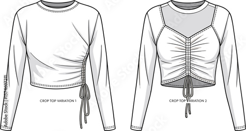 Trendy Crop Top Variations CAD Drawing Flat Vector Illustration with Side Ruching and Layered Design for Fashion