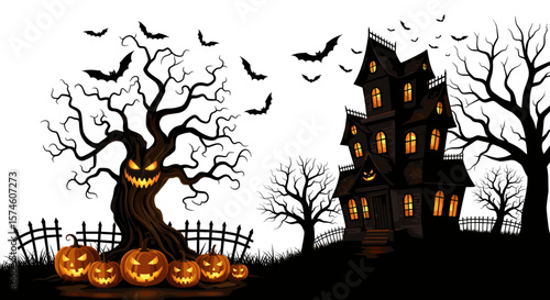 Spooky halloween scene with haunted house tree pumpkins and flying bats design