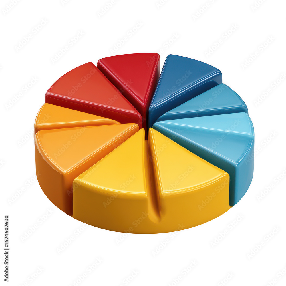 Obraz premium Colorful 3d pie chart divided into eight segments isolated on transparent background