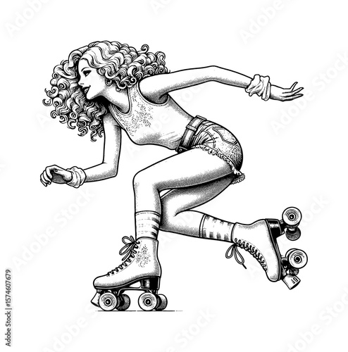 Illustration of Woman Roller Skating, Smiling and Energetic in Vintage Style Black and White Art
