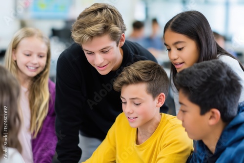 Group of Middle School Students Collaborating in Classroom on Project