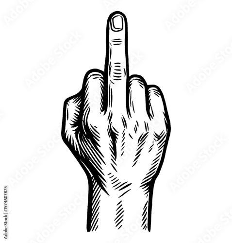 Hand Gesture Showing Middle Finger in Detailed Black and White Engraving Style
