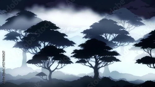 Seamlessly Looping Animation of a Stylized Silhouetted Forest with Moving Fog